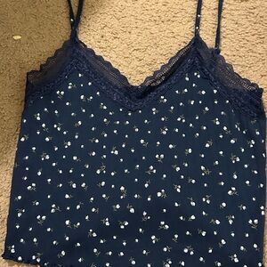 Navy Floral Lace Trim Camisole Tank Top